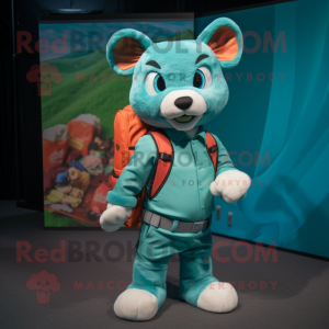 Teal Puma mascot costume character dressed with a Cargo Shorts and Backpacks