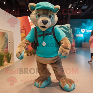 Teal Puma mascot costume character dressed with a Cargo Shorts and Backpacks