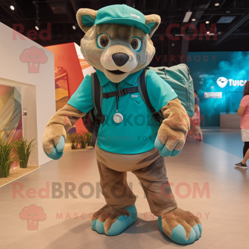 Teal Puma mascot costume character dressed with a Cargo Shorts and Backpacks