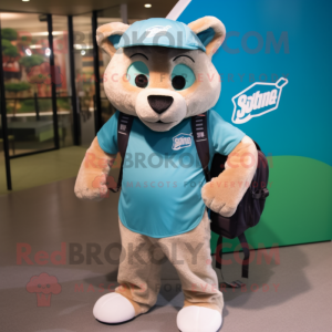 Teal Puma mascot costume character dressed with a Cargo Shorts and Backpacks
