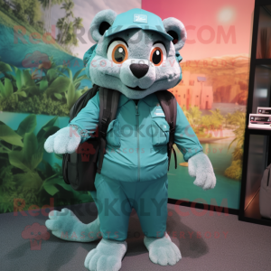 Teal Puma mascot costume character dressed with a Cargo Shorts and Backpacks