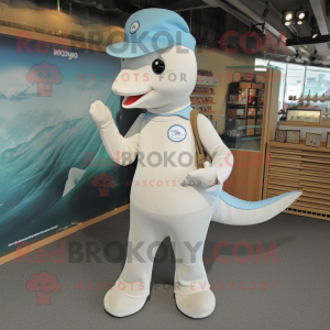 Cream Dolphin mascot costume character dressed with a Bodysuit and Coin purses