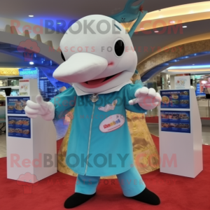 Cream Dolphin mascot costume character dressed with a Bodysuit and Coin purses