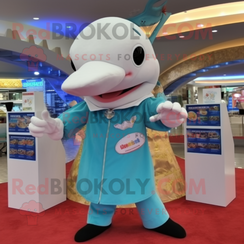 Cream Dolphin mascot costume character dressed with a Bodysuit and Coin purses Cream Dolphin mascot costume character dressed with a Bodysuit and Coin purses