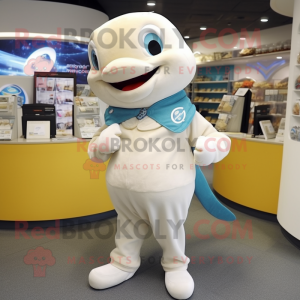 Cream Dolphin mascot costume character dressed with a Bodysuit and Coin purses