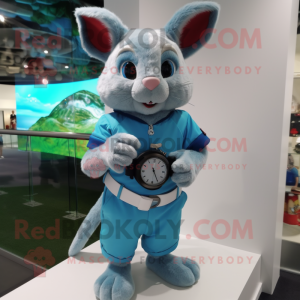 Cyan Chinchilla mascot costume character dressed with a Polo Tee and Bracelet watches