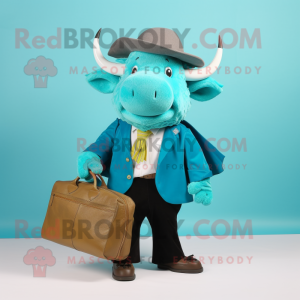 Turquoise Buffalo mascot costume character dressed with a Blazer and Tote bags