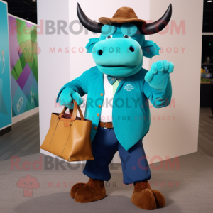 Turquoise Buffalo mascot costume character dressed with a Blazer and Tote bags