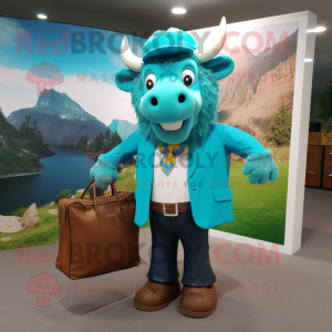 Turquoise Buffalo mascot costume character dressed with a Blazer and Tote bags