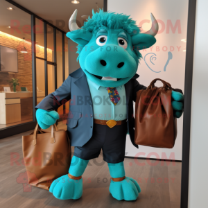 Turquoise Buffalo mascot costume character dressed with a Blazer and Tote bags