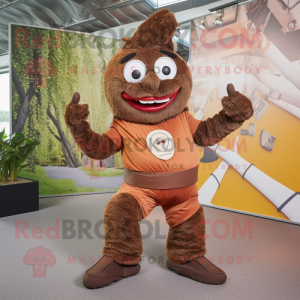 Brown Contortionist mascot costume character dressed with a Waistcoat and Foot pads