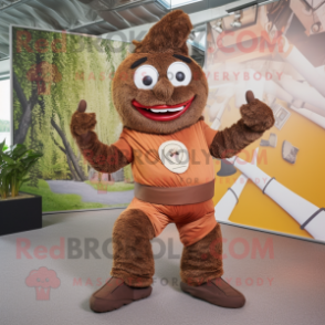 Brown Contortionist mascot costume character dressed with a Waistcoat and Foot pads