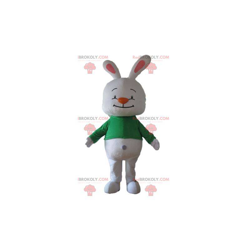 Mascotte de gros lapin blanc avec un t-shirt vert -