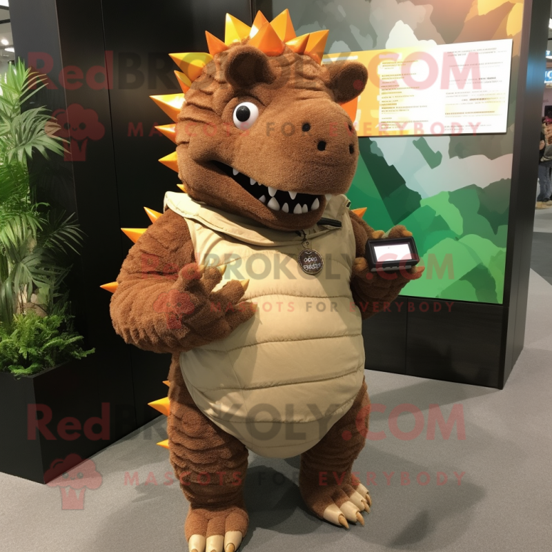 Brown Ankylosaurus mascot costume character dressed with a Corduroy Pants and Digital watches