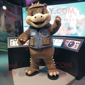 Brown Ankylosaurus mascot costume character dressed with a Corduroy Pants and Digital watches