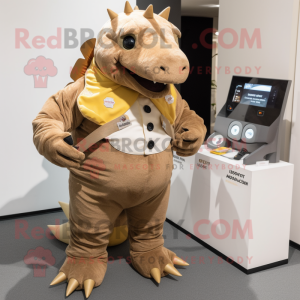 Brown Ankylosaurus mascot costume character dressed with a Corduroy Pants and Digital watches