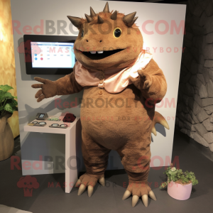 Brown Ankylosaurus mascot costume character dressed with a Corduroy Pants and Digital watches