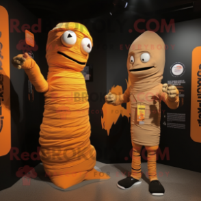 Orange Mummy mascot costume character dressed with a Vest and Watches