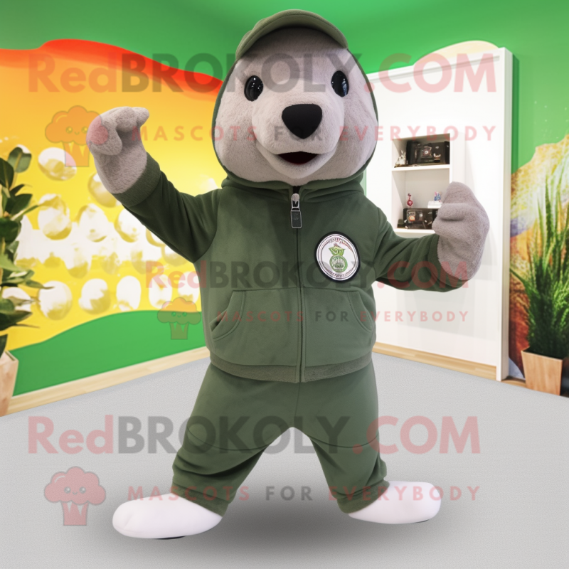 Olive Seal mascot costume character dressed with a Sweatshirt and Gloves