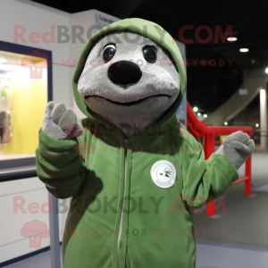 Olive Seal mascot costume character dressed with a Sweatshirt and Gloves