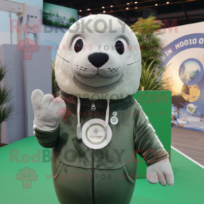 Olive Seal mascot costume character dressed with a Sweatshirt and Gloves