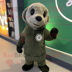 Olive Seal mascot costume character dressed with a Sweatshirt and Gloves