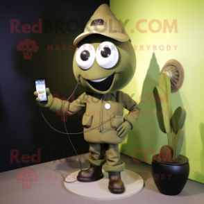 Olive Phone mascot costume character dressed with a Cargo Pants and Lapel pins