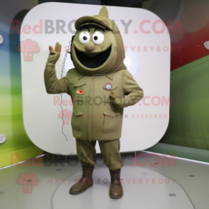 Olive Phone mascot costume character dressed with a Cargo Pants and Lapel pins