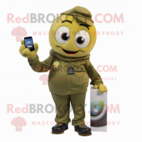 Olive Phone mascot costume character dressed with a Cargo Pants and Lapel pins