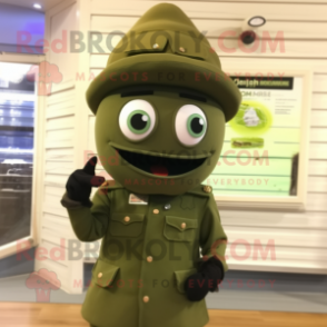 Olive Phone mascot costume character dressed with a Cargo Pants and Lapel pins
