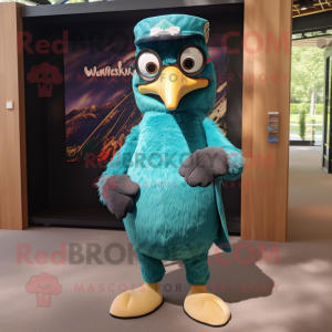 Teal Woodpecker mascot costume character dressed with a Henley Tee and Sunglasses