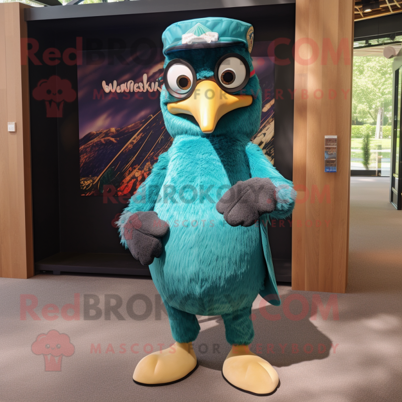 Teal Woodpecker mascot costume character dressed with a Henley Tee and Sunglasses Teal Woodpecker mascot costume character dressed with a Henley Tee and Sunglasses