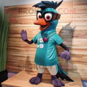 Teal Woodpecker mascot costume character dressed with a Henley Tee and Sunglasses