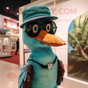 Teal Woodpecker mascot costume character dressed with a Henley Tee and Sunglasses