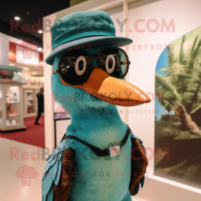 Teal Woodpecker mascot costume character dressed with a Henley Tee and Sunglasses