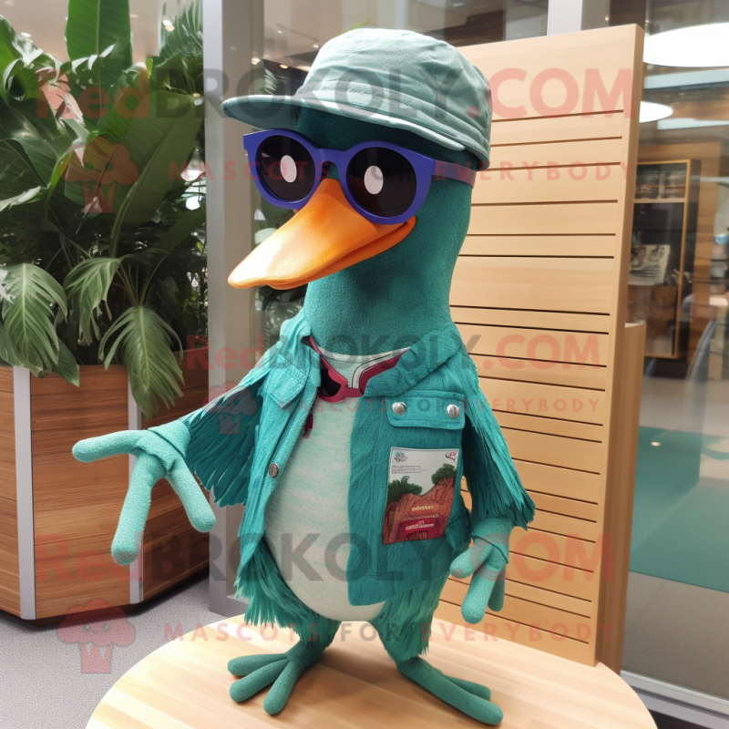 Teal Woodpecker mascot costume character dressed with a Henley Tee and Sunglasses Teal Woodpecker mascot costume character dressed with a Henley Tee and Sunglasses