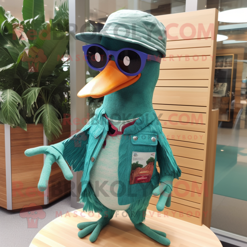 Teal Woodpecker mascot costume character dressed with a Henley Tee and Sunglasses