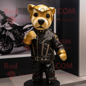 Gold Dog mascot costume character dressed with a Biker Jacket and Headbands