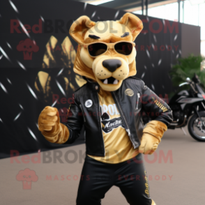 Gold Dog mascot costume character dressed with a Biker Jacket and Headbands