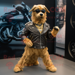 Gold Dog mascot costume character dressed with a Biker Jacket and Headbands