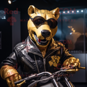 Gold Dog mascot costume character dressed with a Biker Jacket and Headbands