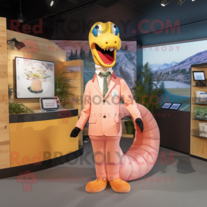 Peach Loch Ness Monster mascot costume character dressed with a Suit Jacket and Hairpins