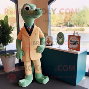Peach Loch Ness Monster mascot costume character dressed with a Suit Jacket and Hairpins