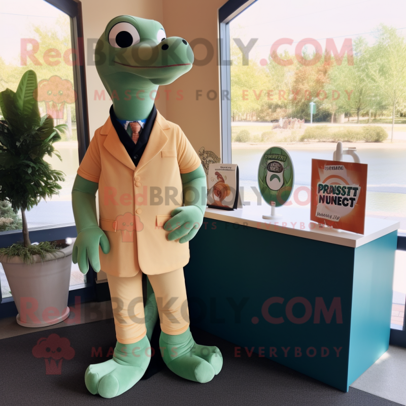 Peach Loch Ness Monster mascot costume character dressed with a Suit Jacket and Hairpins