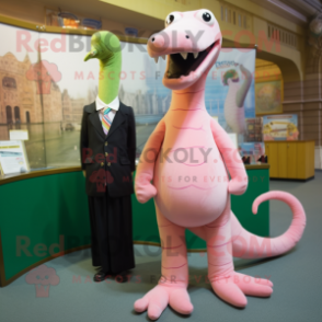 Peach Loch Ness Monster mascot costume character dressed with a Suit Jacket and Hairpins