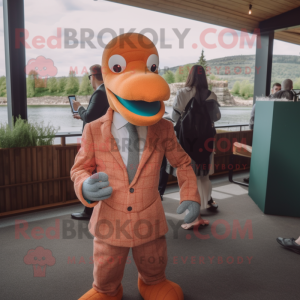 Peach Loch Ness Monster mascot costume character dressed with a Suit Jacket and Hairpins