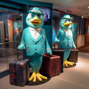 Teal Hens mascot costume character dressed with a Suit and Handbags