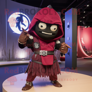 Maroon Samurai mascot costume character dressed with a Hoodie and Rings