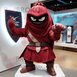Maroon Samurai mascot costume character dressed with a Hoodie and Rings