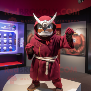 Maroon Samurai mascot costume character dressed with a Hoodie and Rings